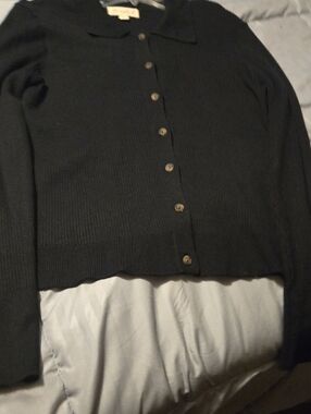 Marled Black Ribbed Button-Front Cardigan